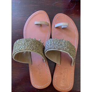 Aspiga Beaded Leather Toe Ring Slide Sandals Gold Tan Size 39 Handcrafted Boho